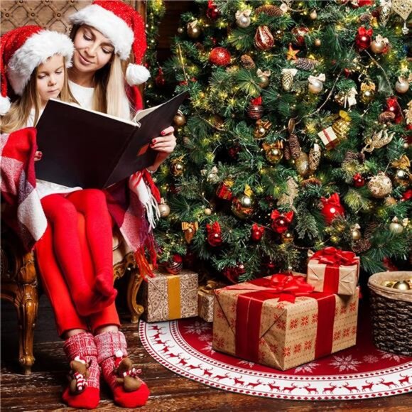 48-inch Christmas Tree Skirt - Snowflake & Reindeer Design, Rustic Red - Picture 3 of 7